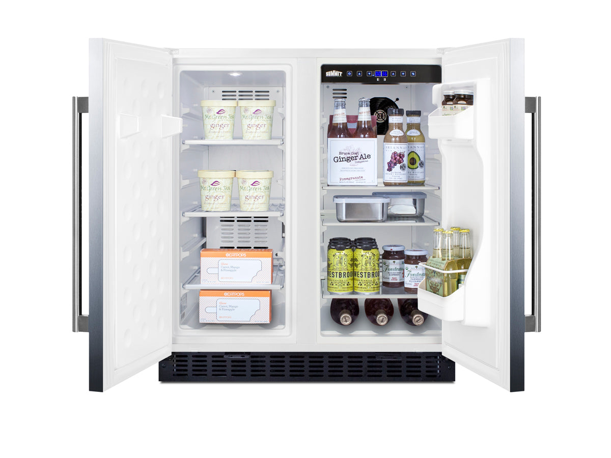 Under-counter built-in 30-inch wide refrigerator-freezer with stainless steel doors and organized food and drinks inside