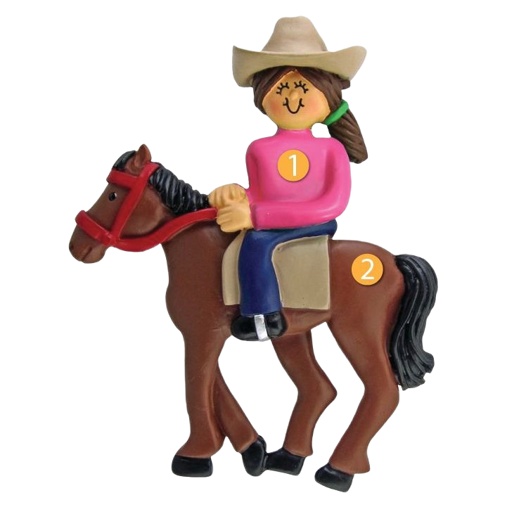 Personalized brunette female horseback rider ornament in pink top and cowboy hat for Christmas Ornaments & Tree Decorations under $50 collection