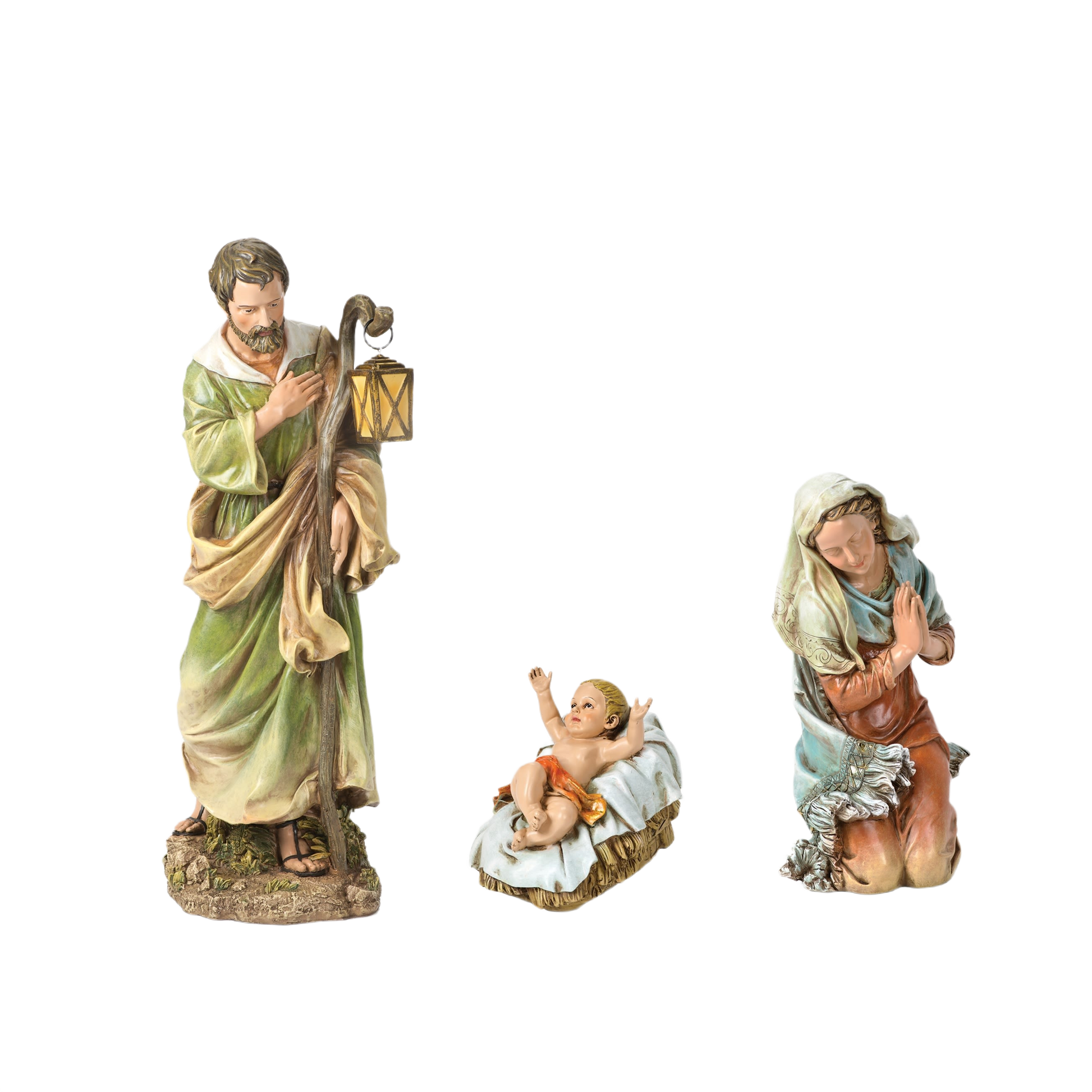 Three-piece Nativity figurine set featuring Joseph with lantern, baby Jesus in manger, and kneeling Mary for Christmas decor