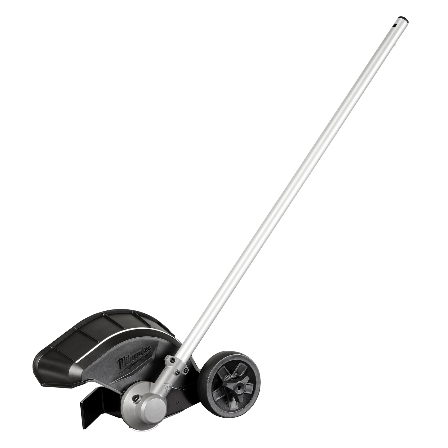 Metal attachment tool with black housing, wheels, and long silver handle for outdoor power equipment use