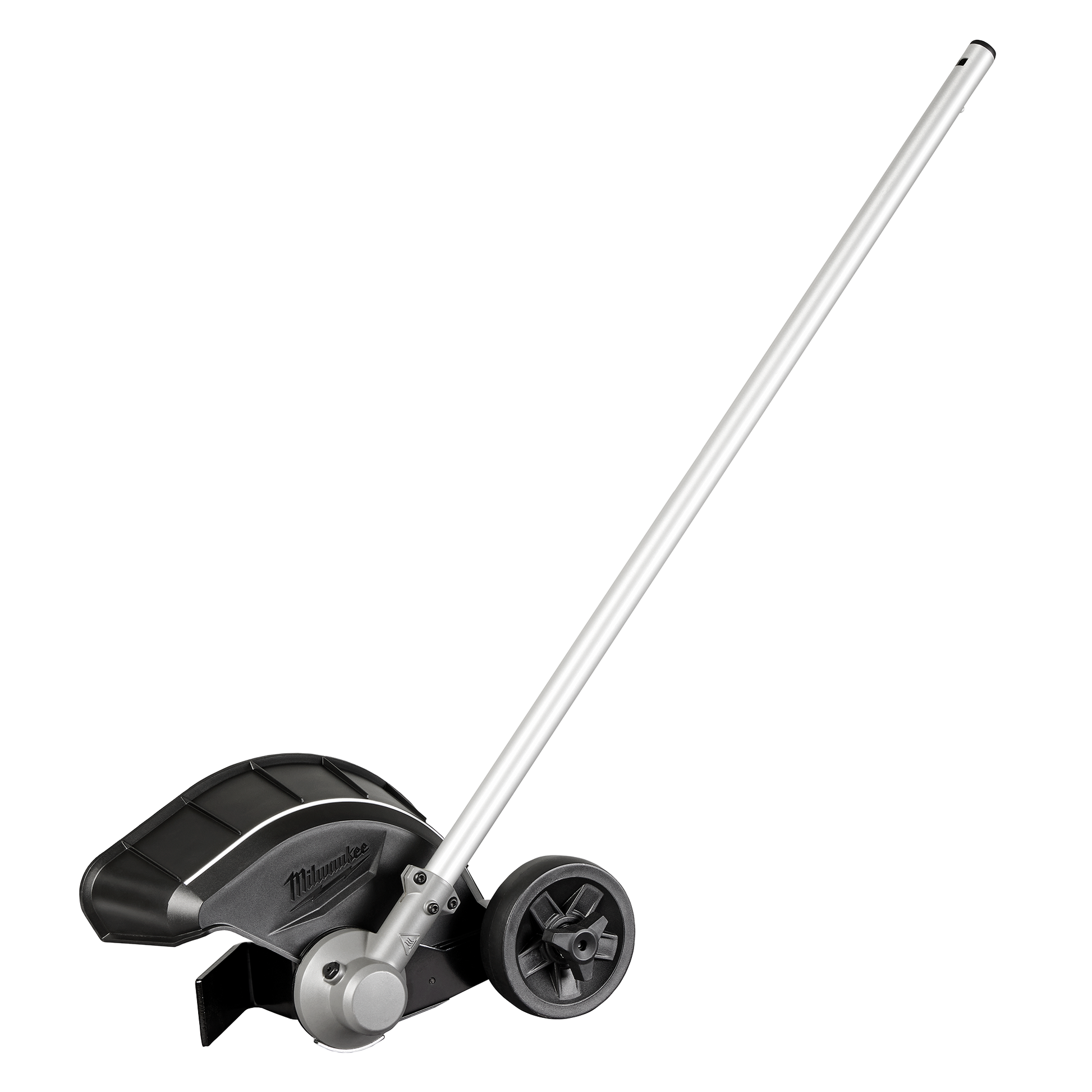Metal attachment tool with black housing, wheels, and long silver handle for outdoor power equipment use