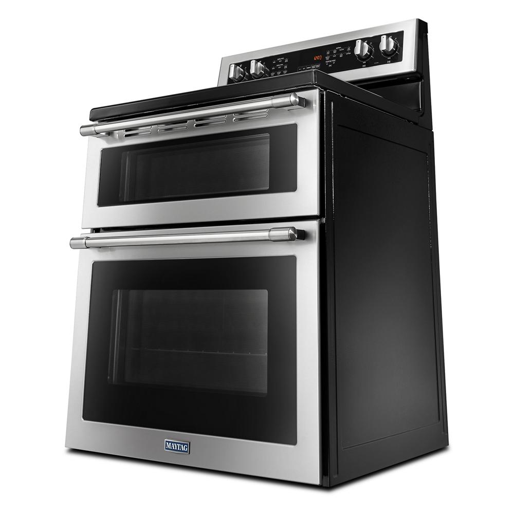 Freestanding stainless steel double oven electric range with digital display, control knobs, and black side panels, part of Ranges, Electric Ranges, Kitchen & Kitchenware, Appliances, and Ranges & Cooktops collections.