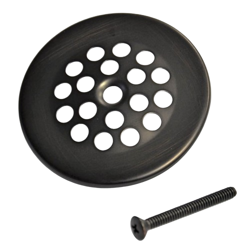 Black steel bath drain strainer with multiple holes and matching screw for plumbing parts and repair collections