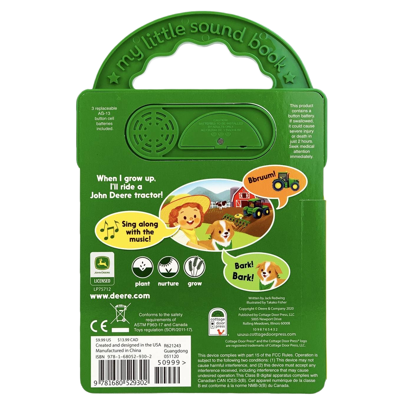 Green children’s sound book with handle featuring farm scenes, John Deere tractor, dog, and kids singing and playing outdoors
