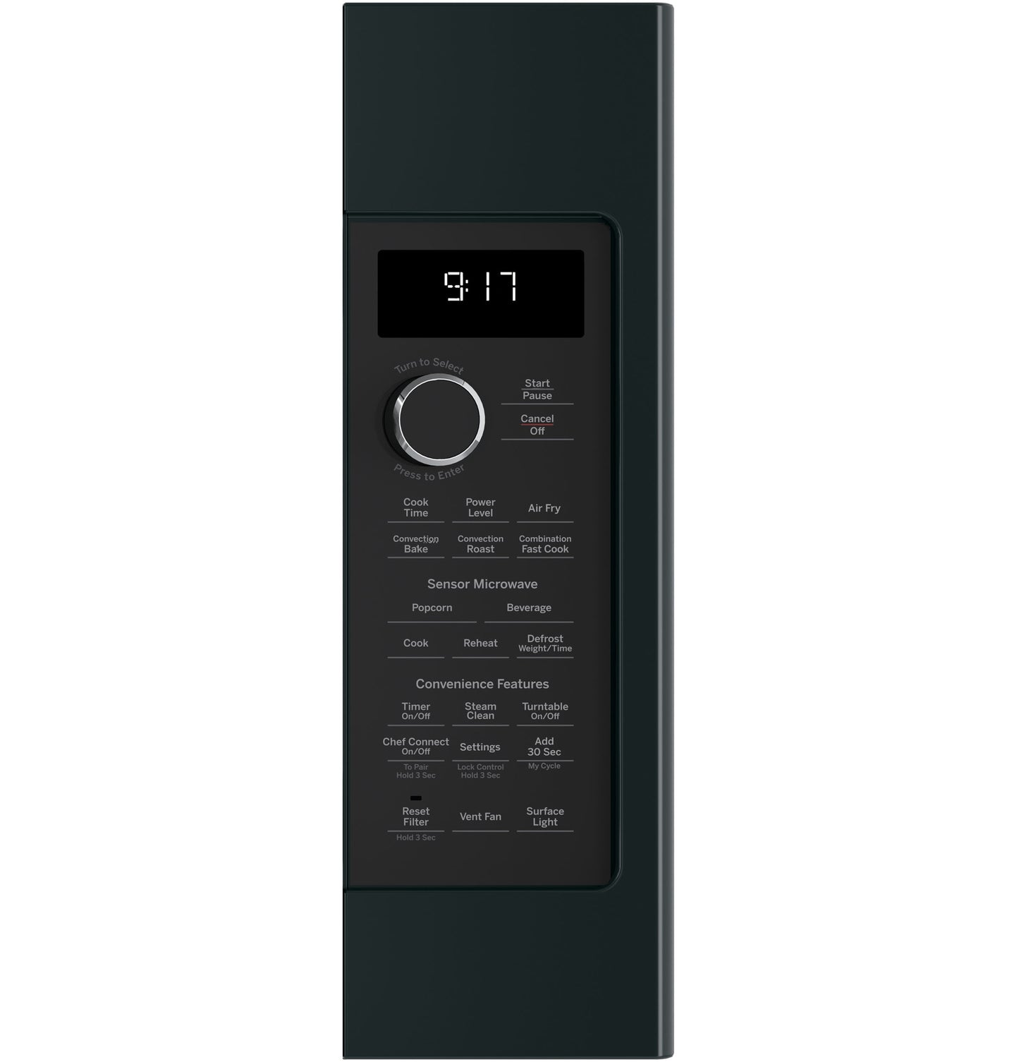 Black microwave control panel with digital clock, dial knob, and multiple cooking options from Microwaves and Kitchen collections