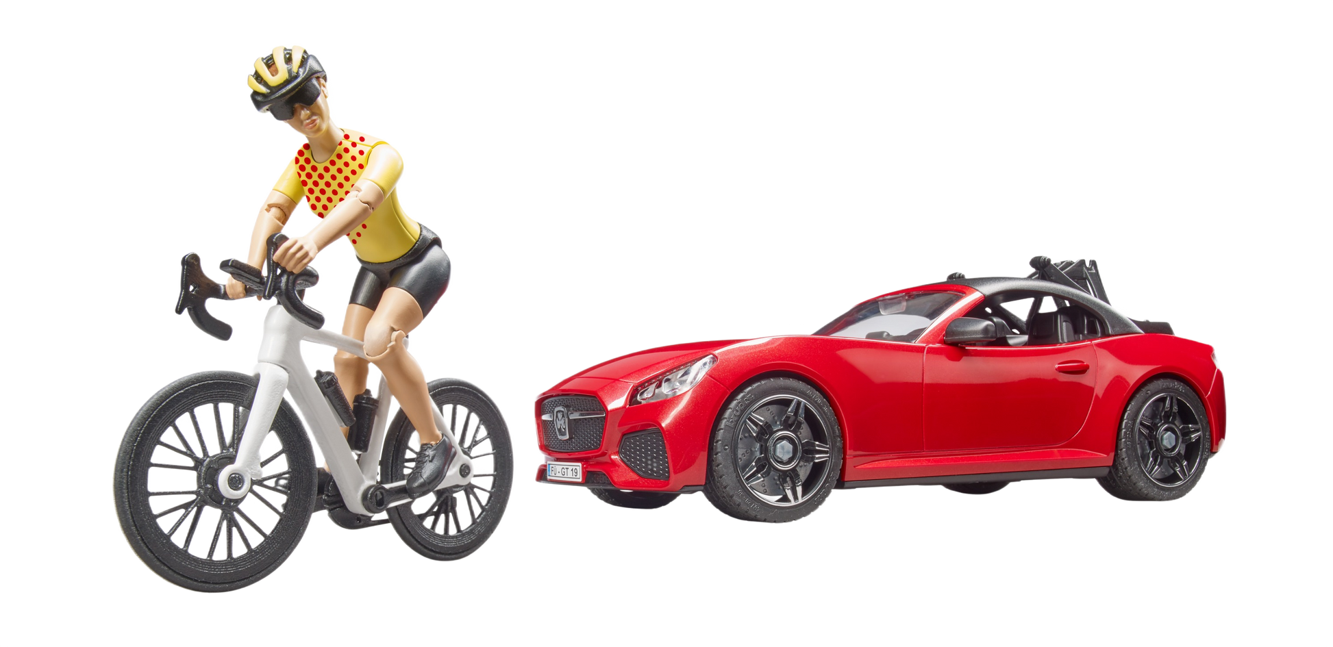 Red roadster toy with black roof and detailed cyclist figure riding white racing bicycle for Bruder Toys collection