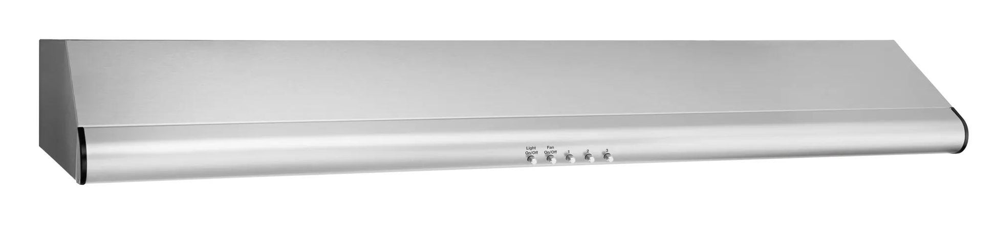 Stainless steel 36" overhead range hood with push-button controls for modern kitchen ventilation and home improvement