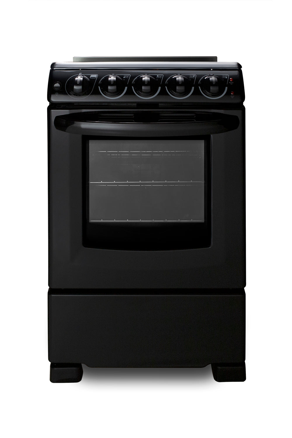 Jet black compact electric range with smooth-top burners and control knobs for kitchen appliances and home improvement.