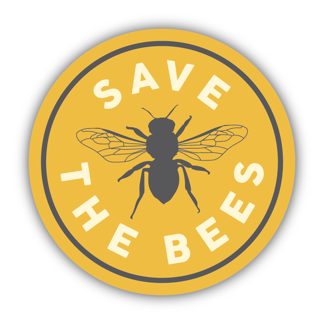 Round yellow sticker with black bee illustration and bold white text promoting bee preservation