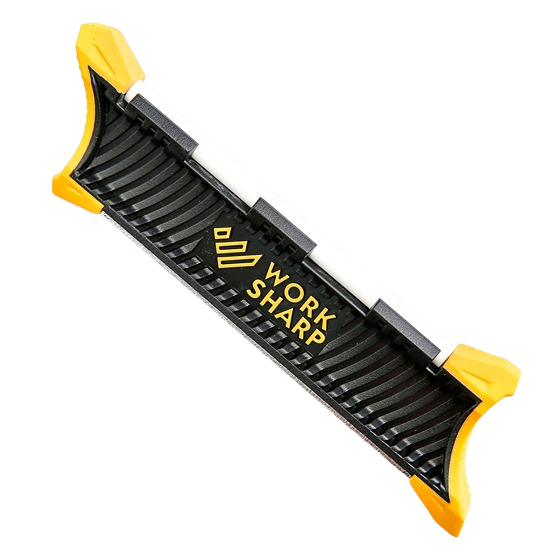 Compact black and yellow pocket knife sharpener with ergonomic grip for kitchen and woodworking tools under $50