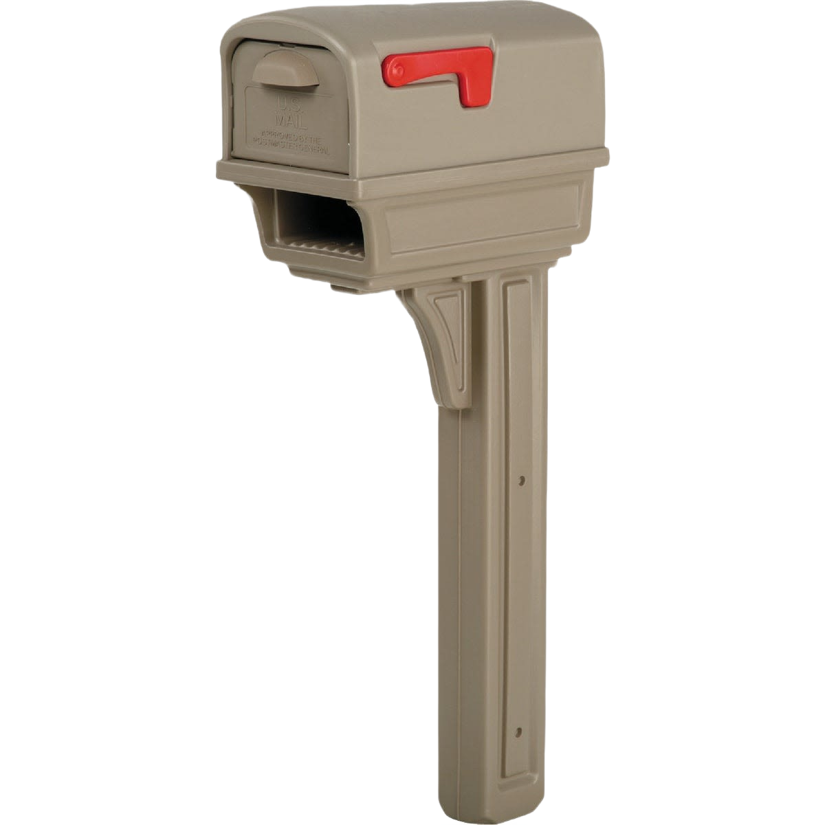 Mocha-colored durable mailbox with red flag and integrated post for residential home improvement use