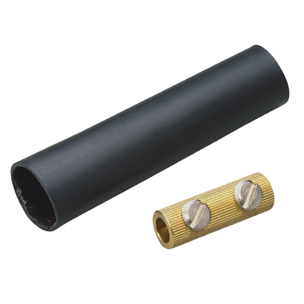 Black heavy wall heat shrink tube with brass wire splice connector featuring two set screws for electrical use