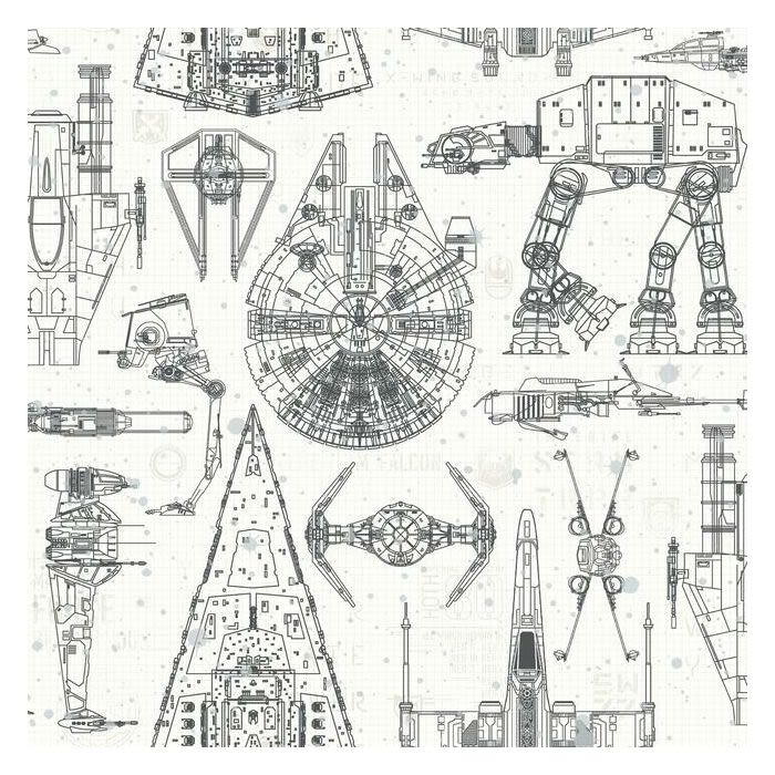 Black and white Star Wars ship blueprints with detailed technical line drawings on a light background