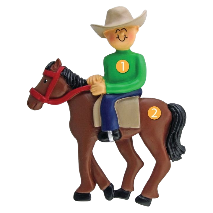 Cheerful male figure wearing cowboy hat riding brown horse ornament in Christmas Ornaments & Tree Decorations collection