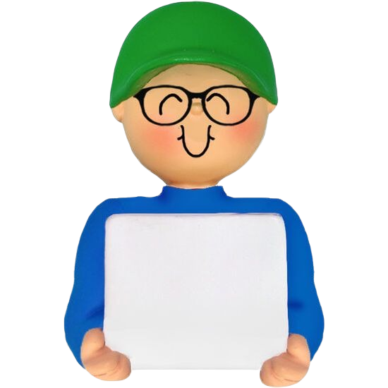 Boy figurine ornament wearing glasses and green cap holding blank sign for Christmas Ornaments & Tree Decorations collection