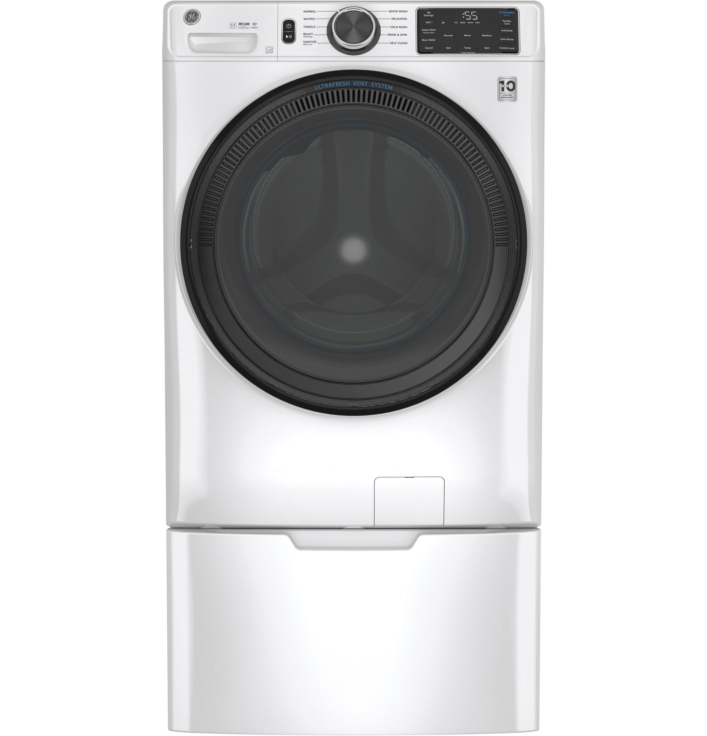 Front view of white front-load washing machine with pedestal for laundry appliance parts and accessories