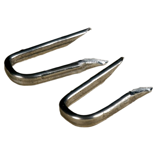 Close-up of two metal staples with sharp points for securing wire fencing in home improvement and hardware projects