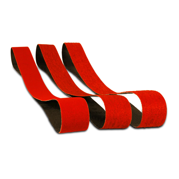 Set of three red zirconium abrasive sanding belts for woodworking tool accessories and home improvement projects