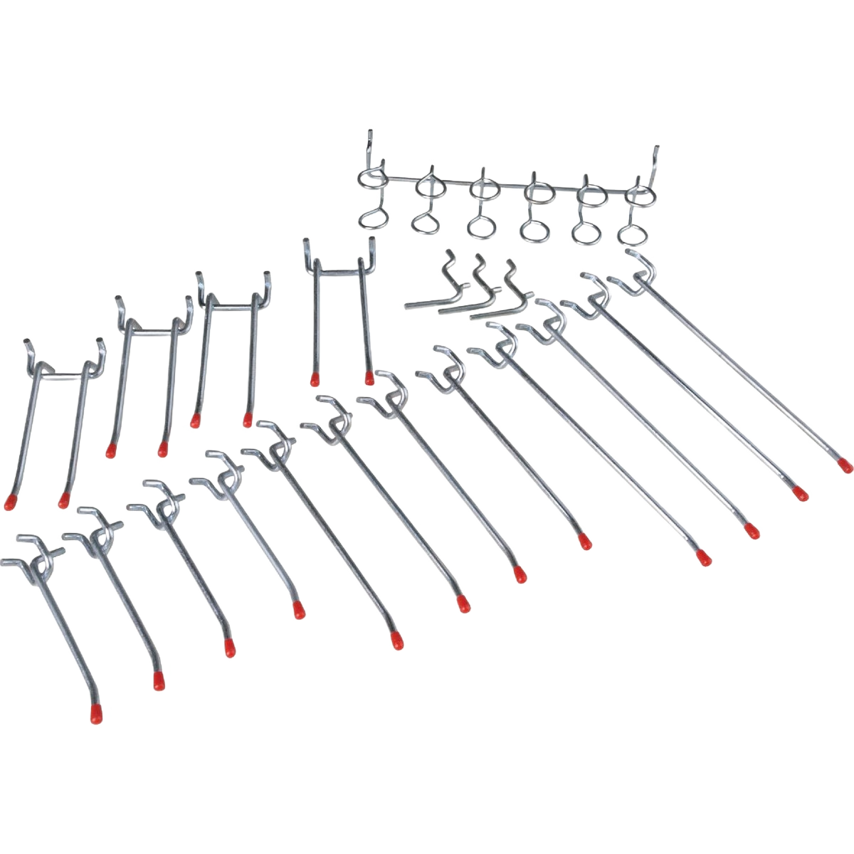 Set of metal peg hooks with red-tipped ends for organizing tools and home improvement accessories