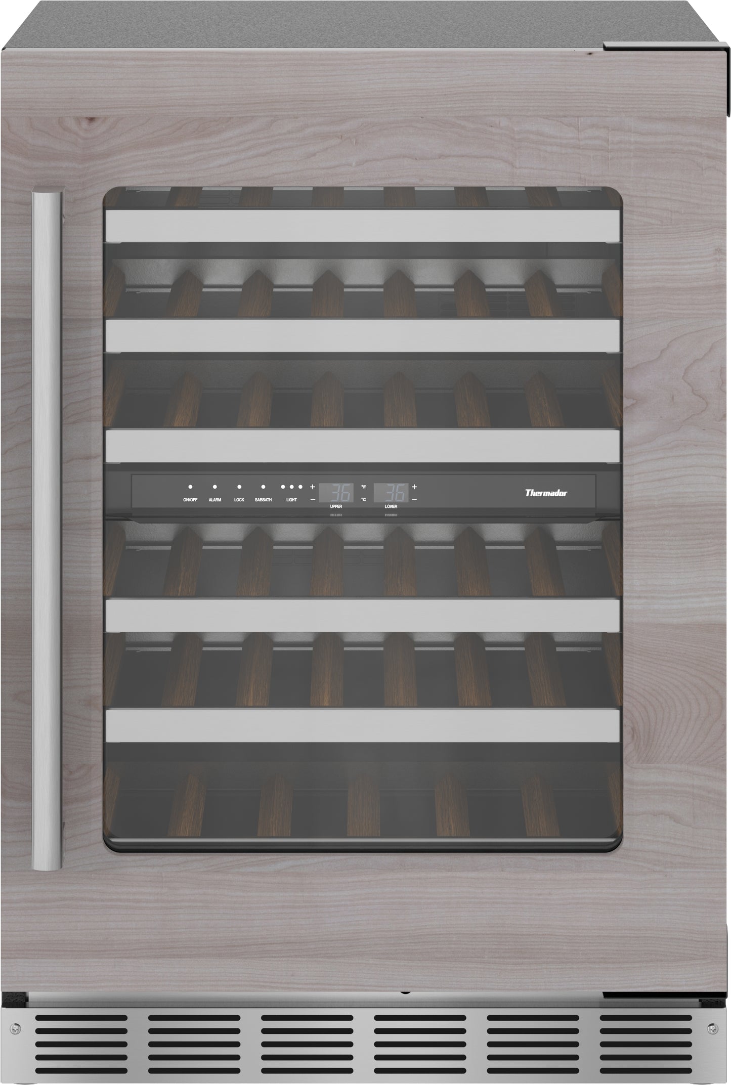 Under counter wine cooler with glass door and wood panel front, featuring digital controls and adjustable racks for wine storage