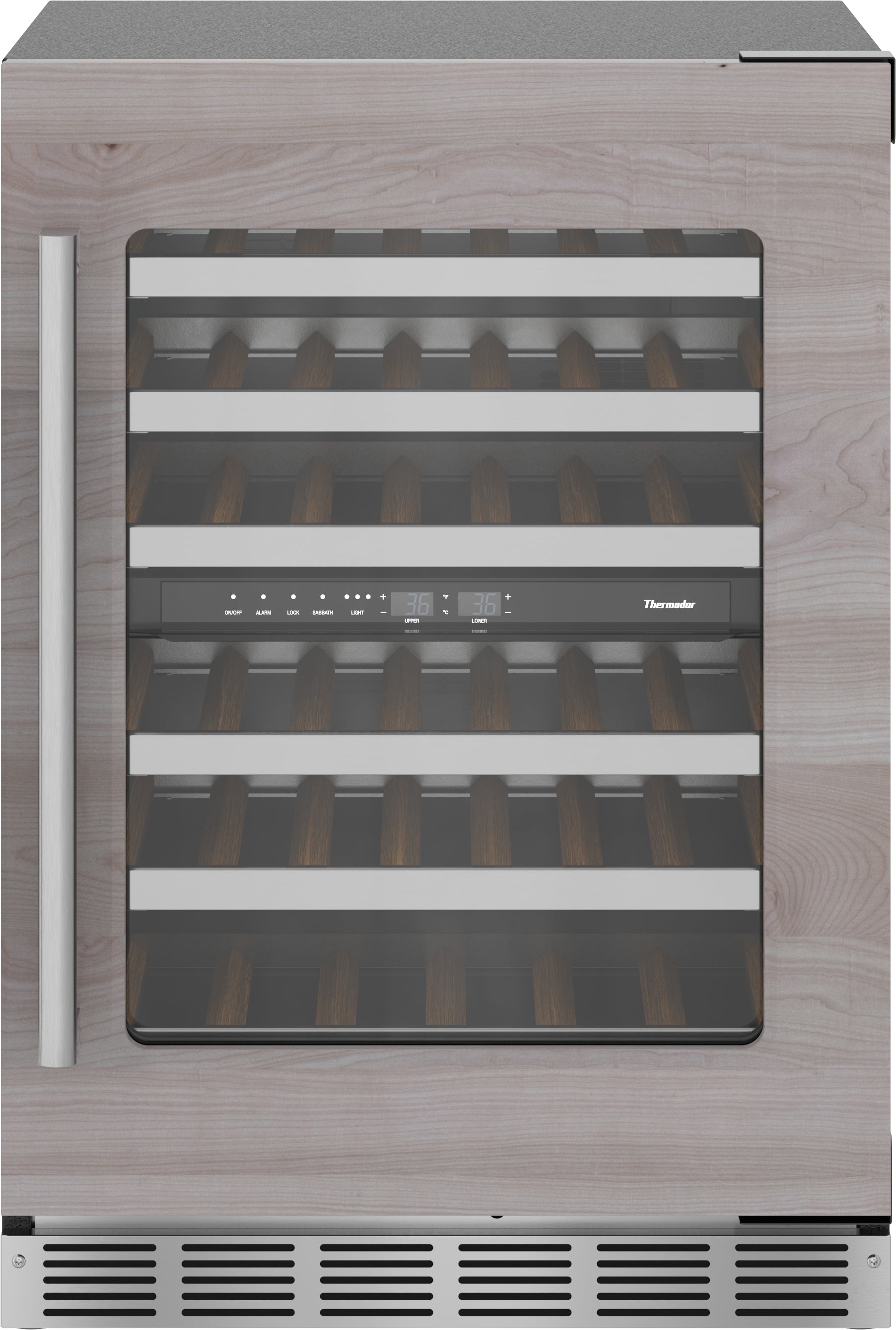 Under counter wine cooler with glass door and wood panel front, featuring digital controls and adjustable racks for wine storage