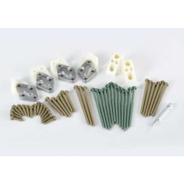 Assorted composite hardware kit components including brackets, screws, and fasteners for home improvement projects