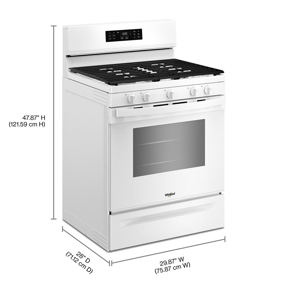 White 30-inch gas range with Air Cooking Technology, digital display, four knobs, and large oven window from kitchen appliances collection