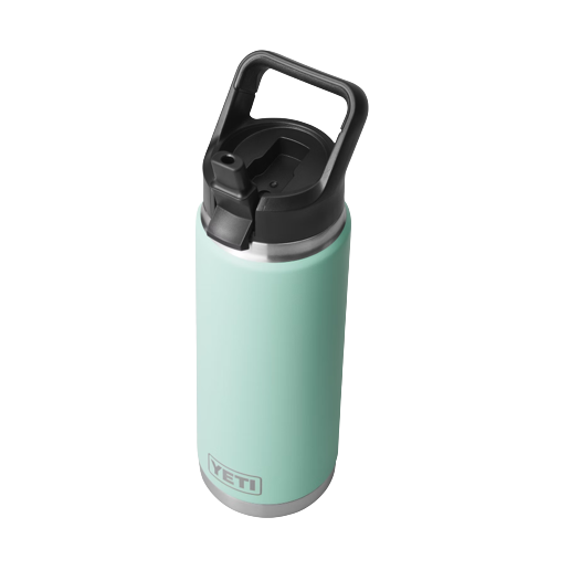 Light turquoise insulated stainless steel 26 oz bottle with black straw cap and handle from Drinkware & Kitchen collections
