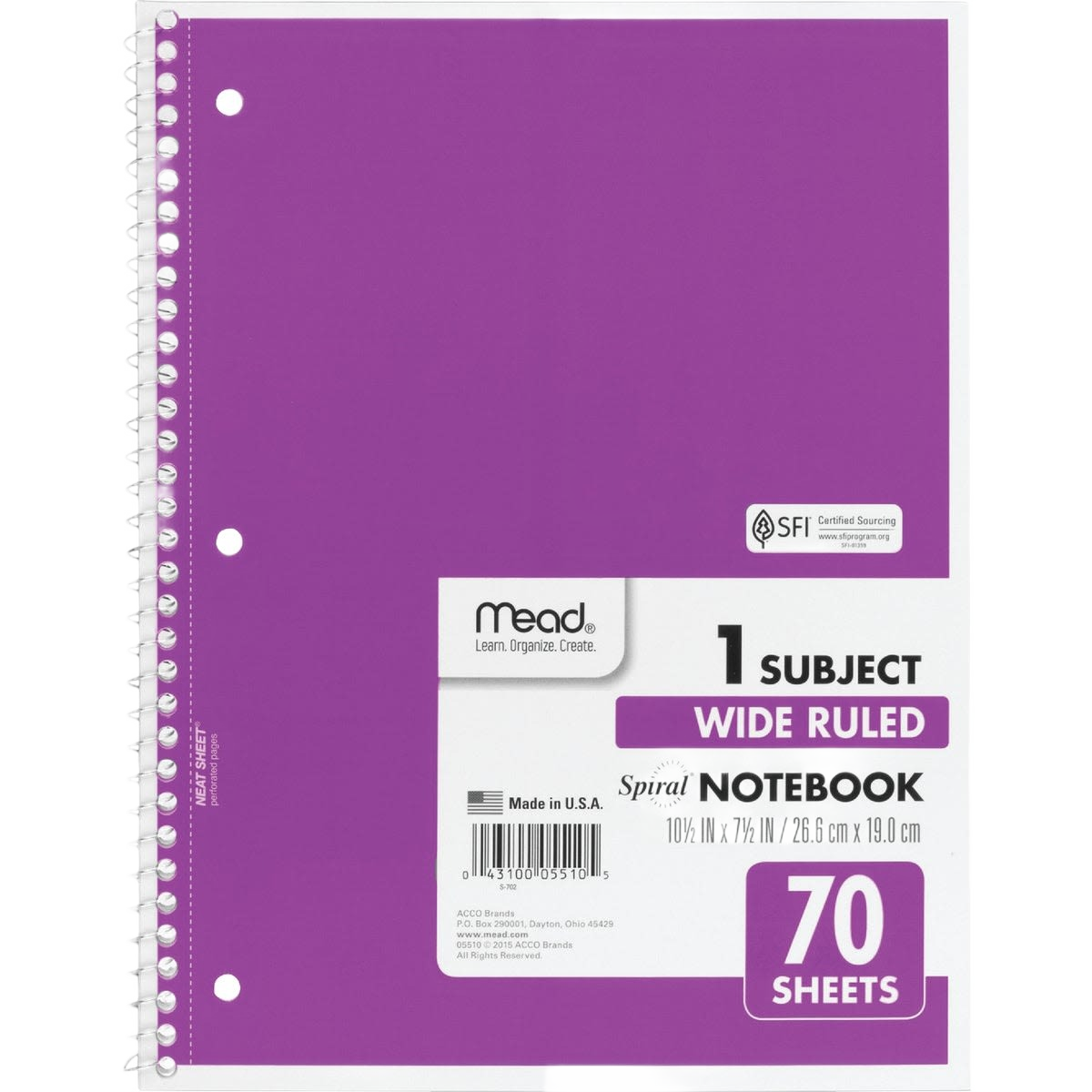 Purple one-subject spiral notebook with 70 wide ruled sheets for note-taking in office supplies and paper collections