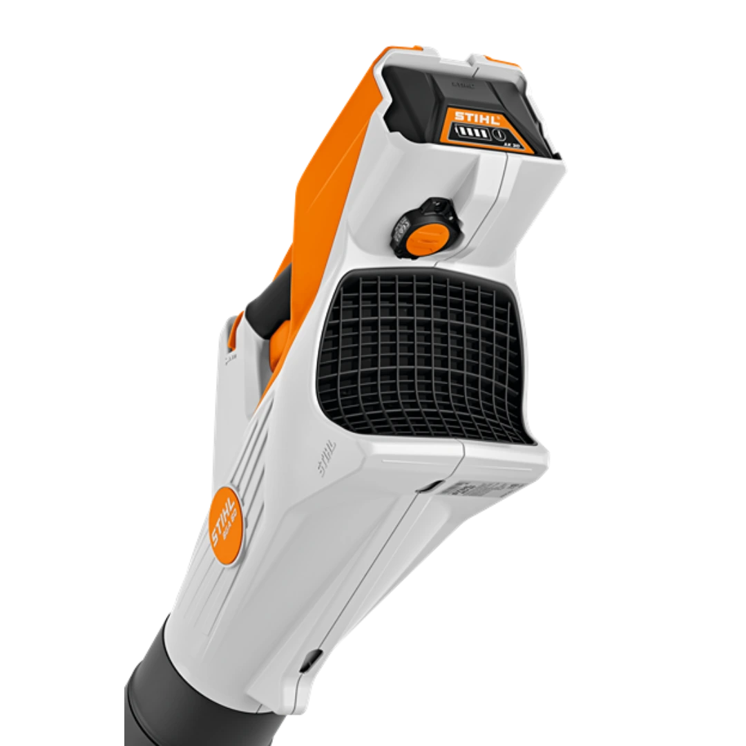 White and orange cordless handheld blower with battery status display and ergonomic grip for home improvement use