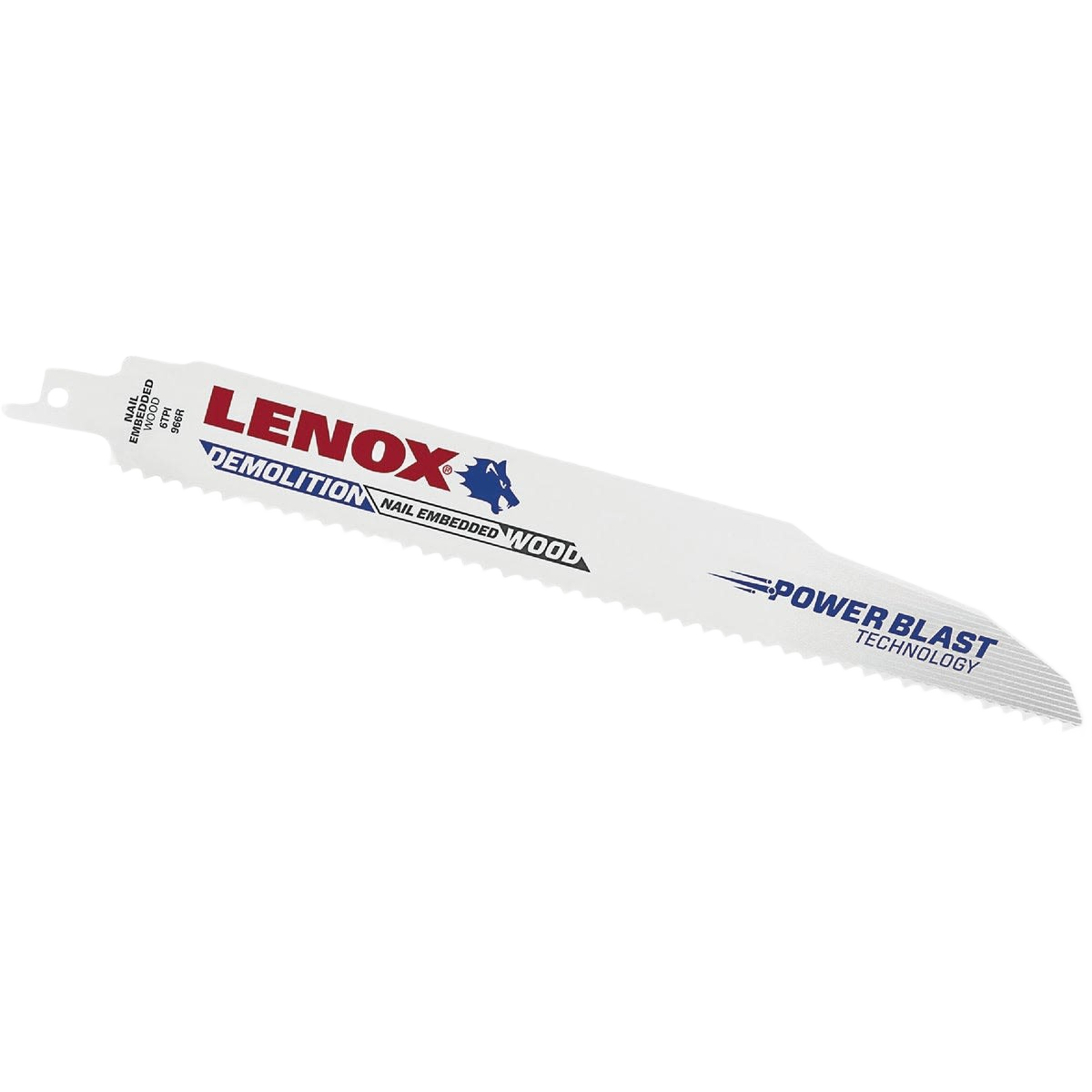White reciprocating saw blade with Lenox branding and Power Blast Technology for woodworking and demolition tool accessories collections