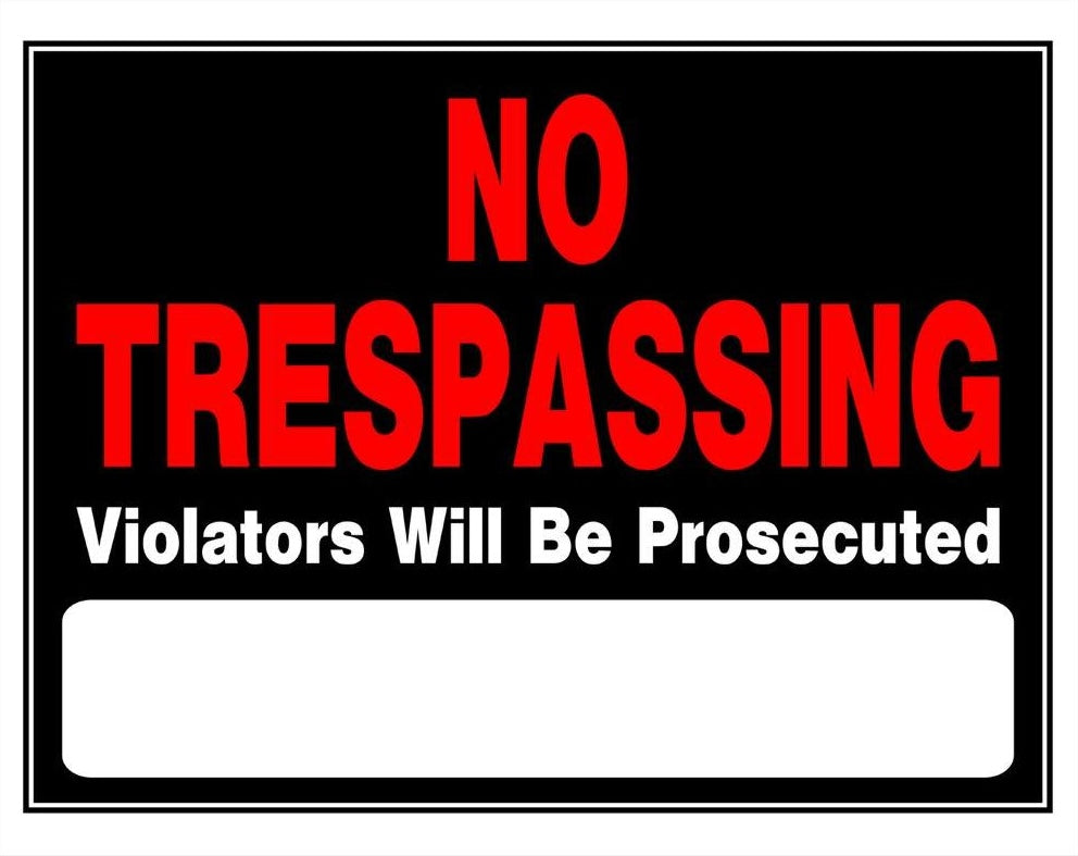 Black and red no trespassing warning sign with prosecution notice and blank space for customization, part of hardware collection