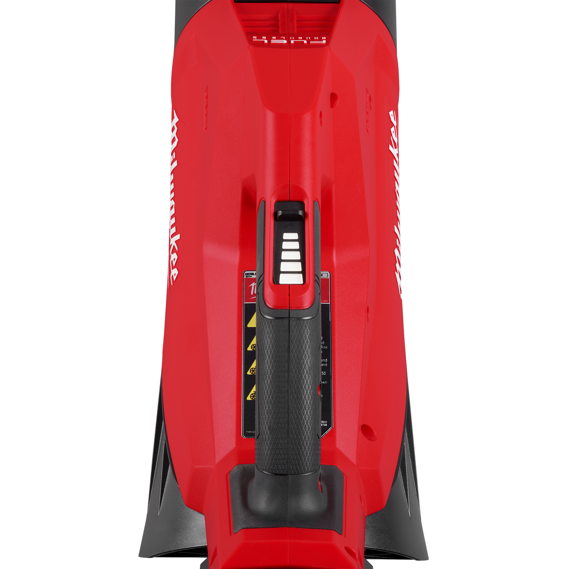Top-down view of a red and black handheld blower with ergonomic grip and power level indicator for home improvement use