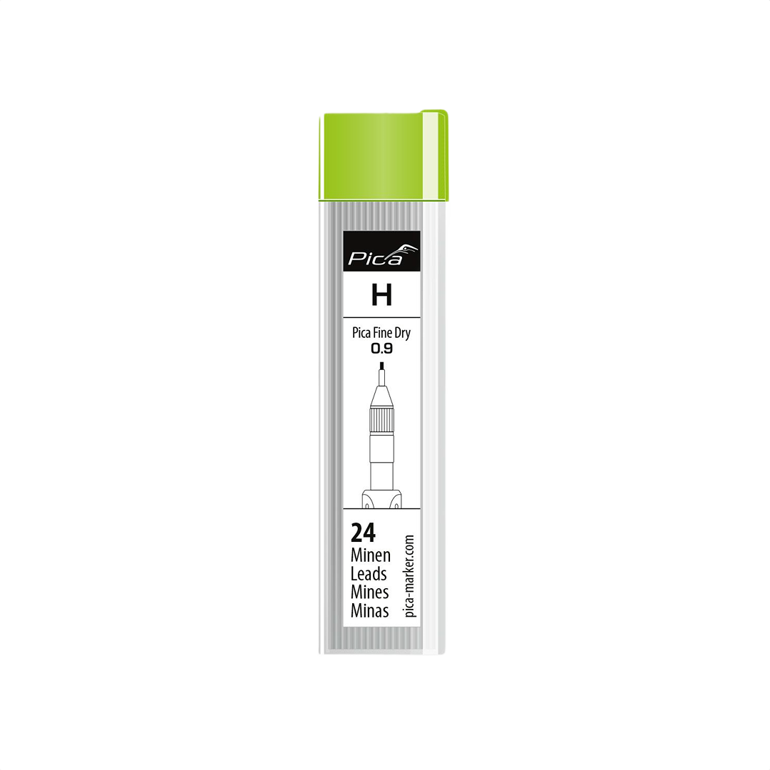 Container of 0.9 mm fine-dry graphite leads with green cap for precise marking in woodworking and measuring tools collections