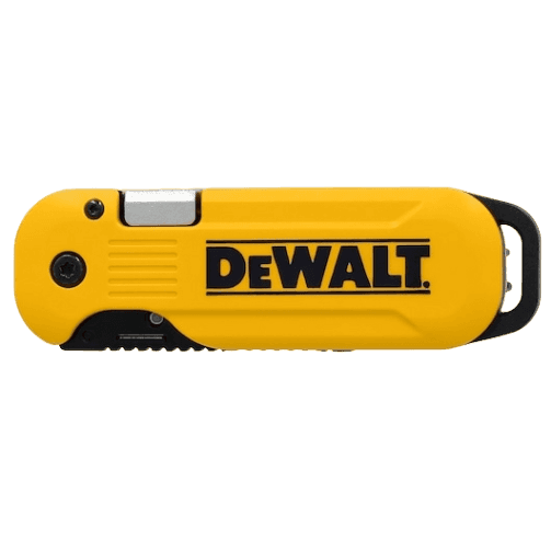 Compact yellow push and flip folding utility knife with ergonomic grip for woodworking and home improvement tools collections