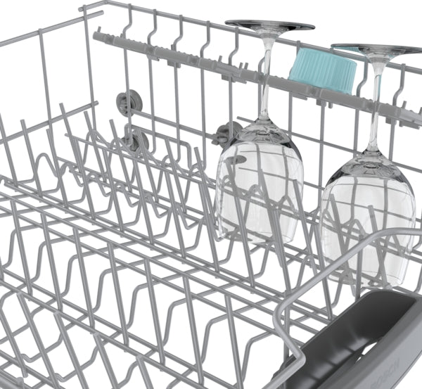 Upper rack of dishwasher with gray wire frame holding inverted wine glasses and a blue silicone cup in kitchenware collection