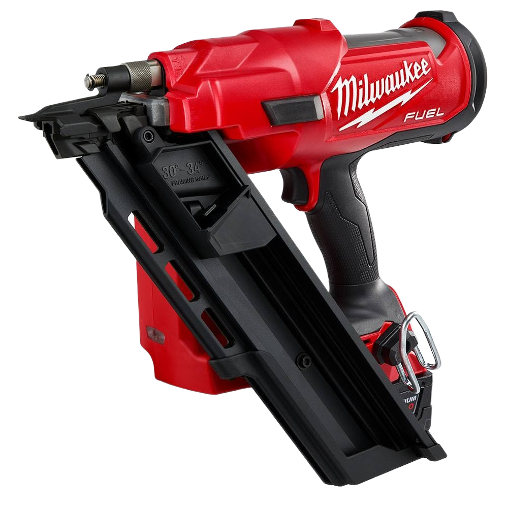 Red and black cordless framing nailer with ergonomic grip designed for home improvement and framing tasks