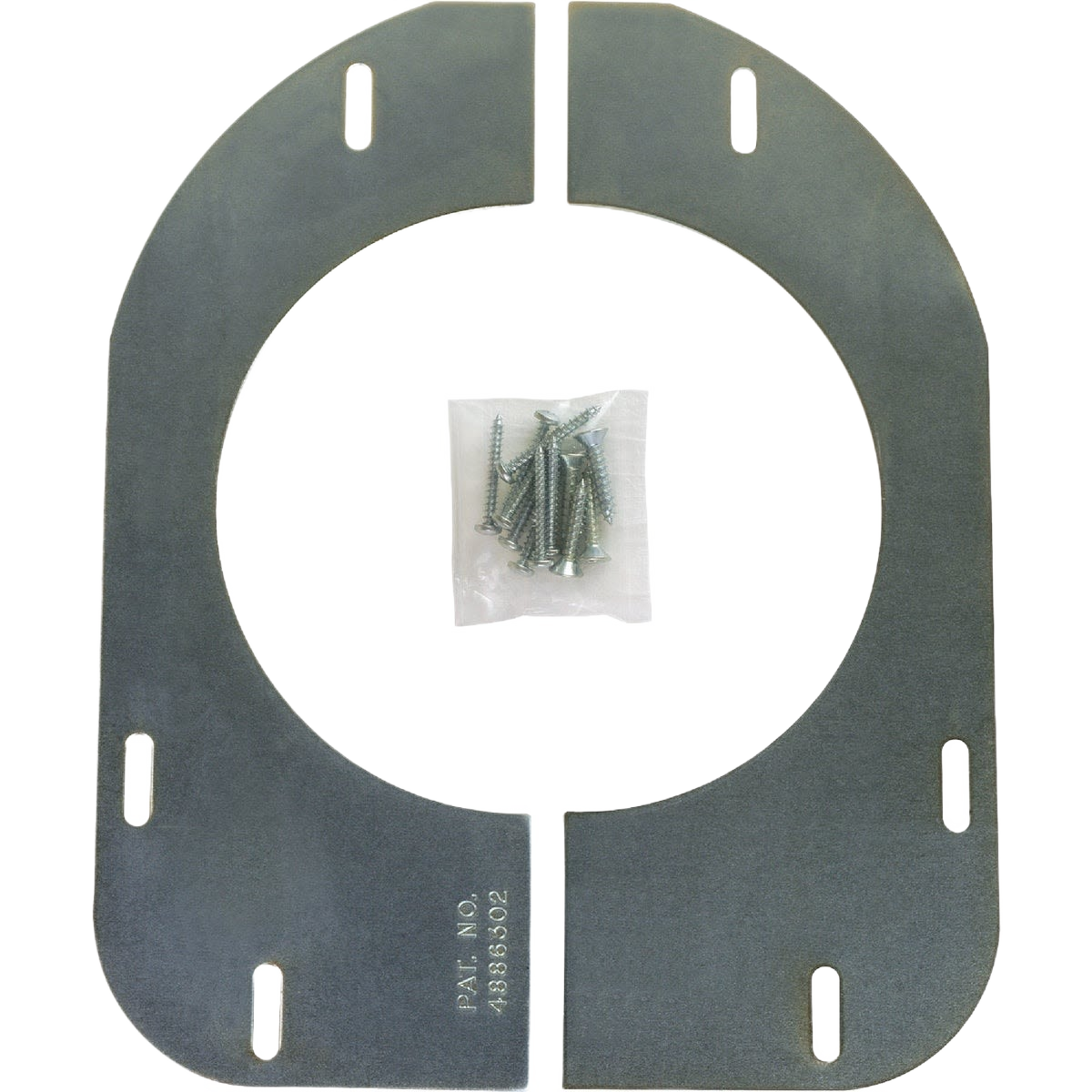 Two-piece gray metal floor support bracket with mounting screws for securing plumbing fixtures in home improvement tasks