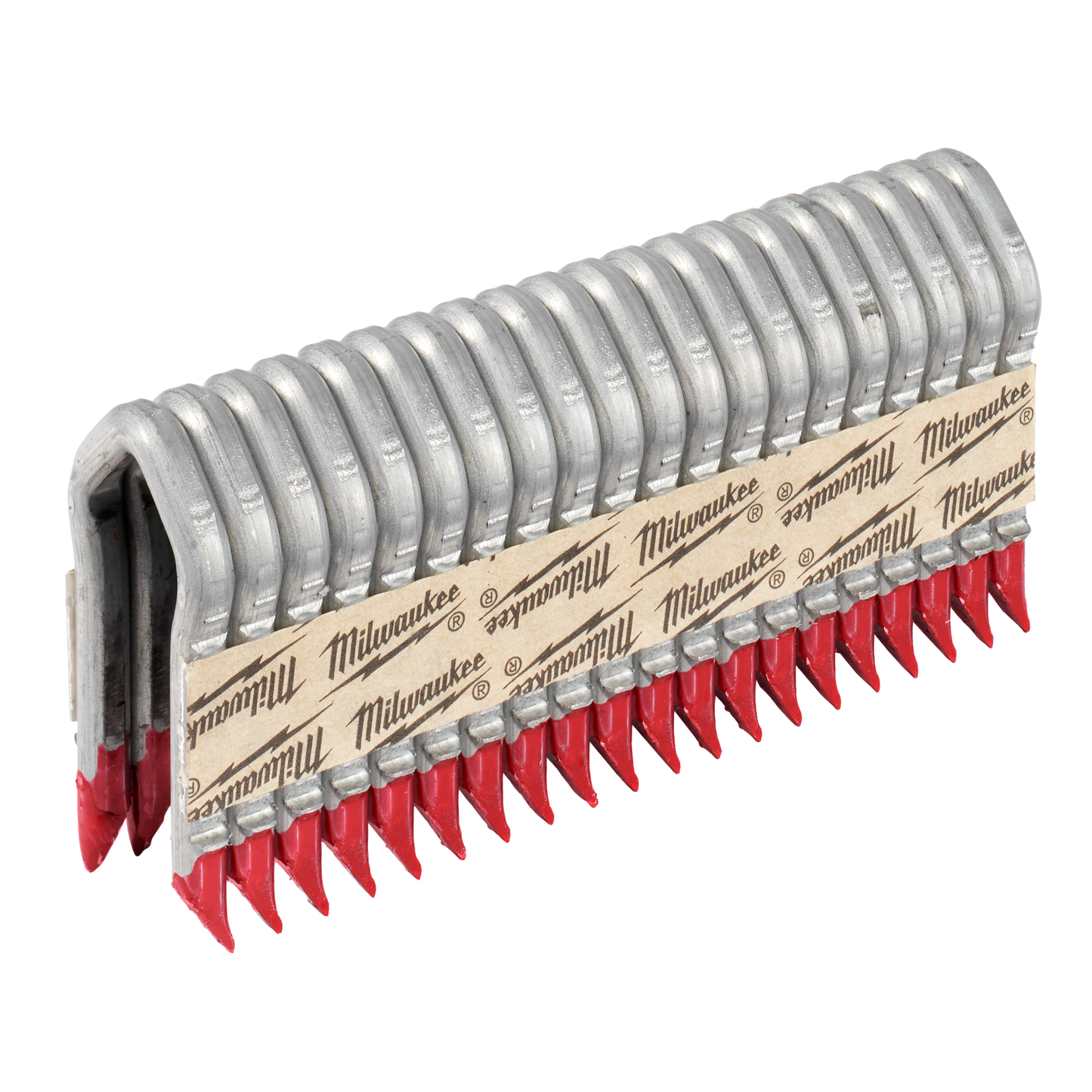 Galvanized 9 gauge metal staples with red tips arranged in a row for heavy-duty home improvement use