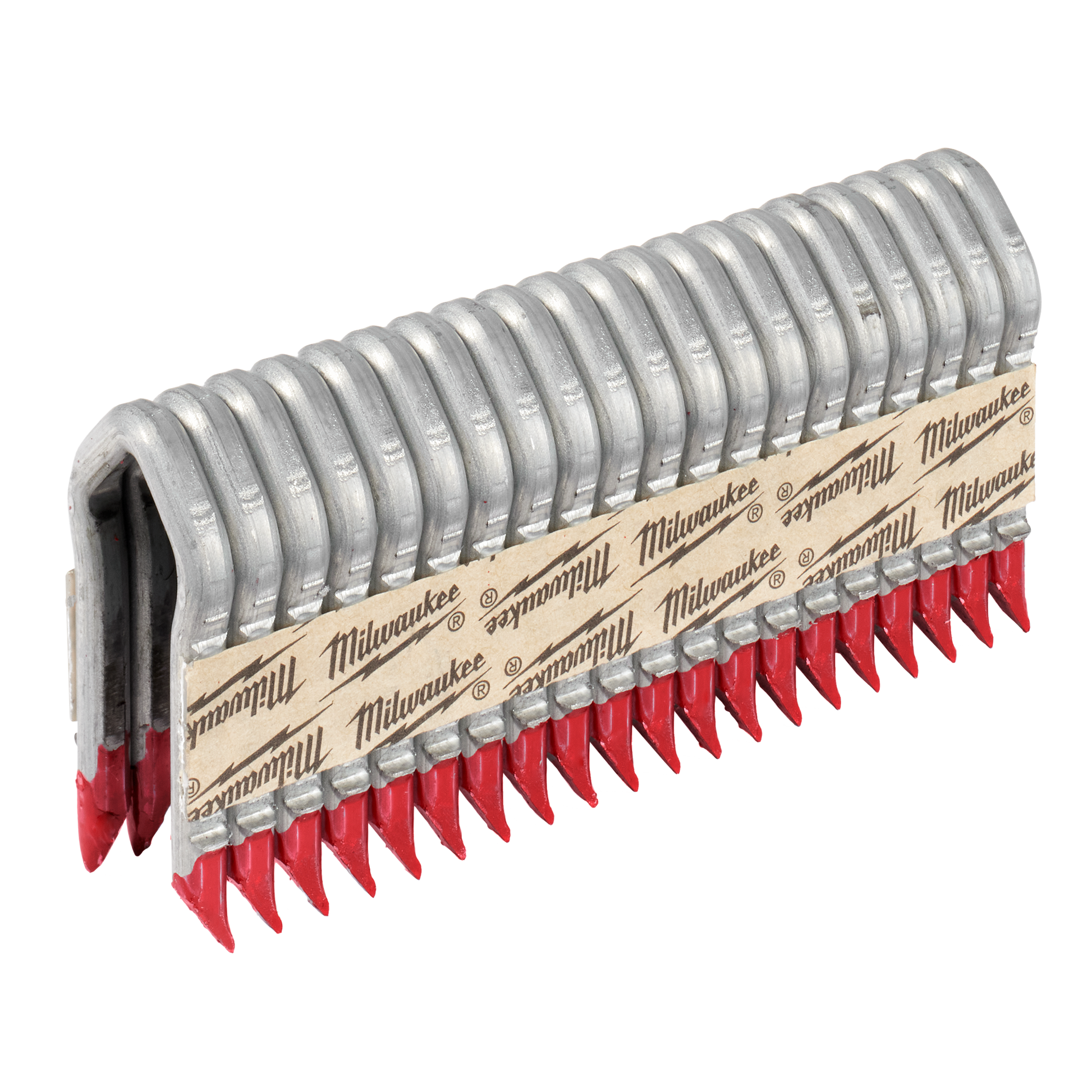 Galvanized 9 gauge metal staples with red tips arranged in a row for heavy-duty home improvement use