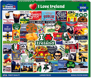 Colorful puzzle box cover featuring iconic Irish symbols, landmarks, and cultural references in a collage design
