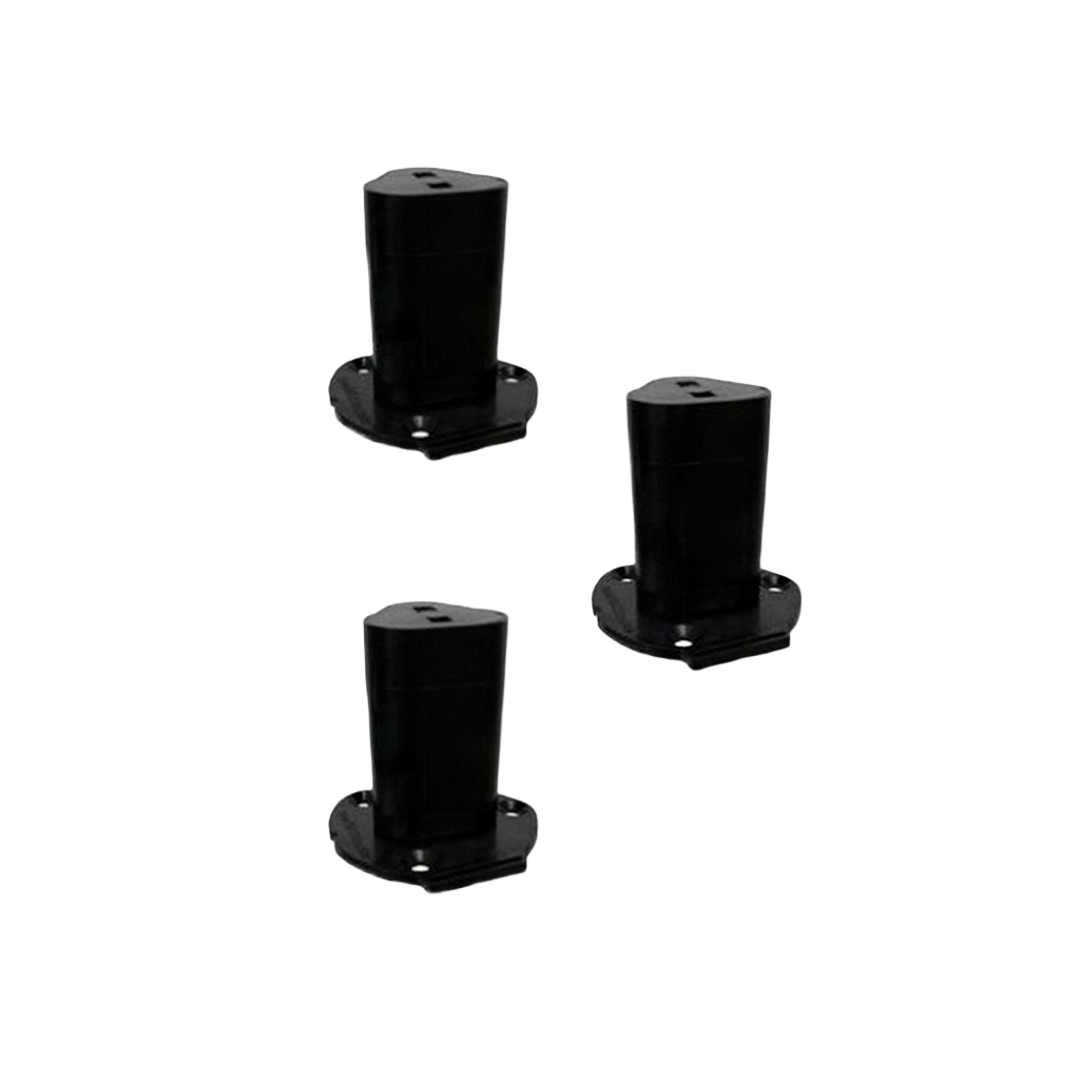 Set of three black injection molded plastic mounts for organizing cordless tools in workshop storage collections
