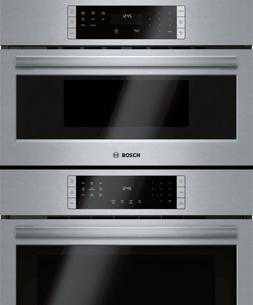 Stainless steel built-in combination oven with digital touch controls and SteelTouch™ buttons in modern kitchen setting