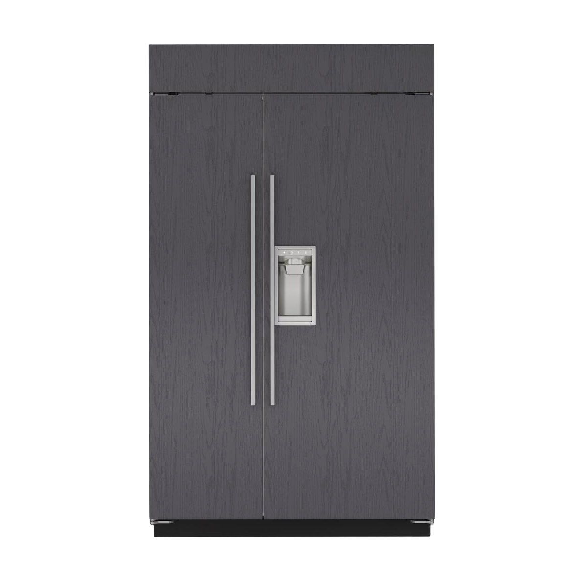 Built-in 48-inch side-by-side refrigerator and freezer with dispenser in dark wood finish for kitchen appliances collection