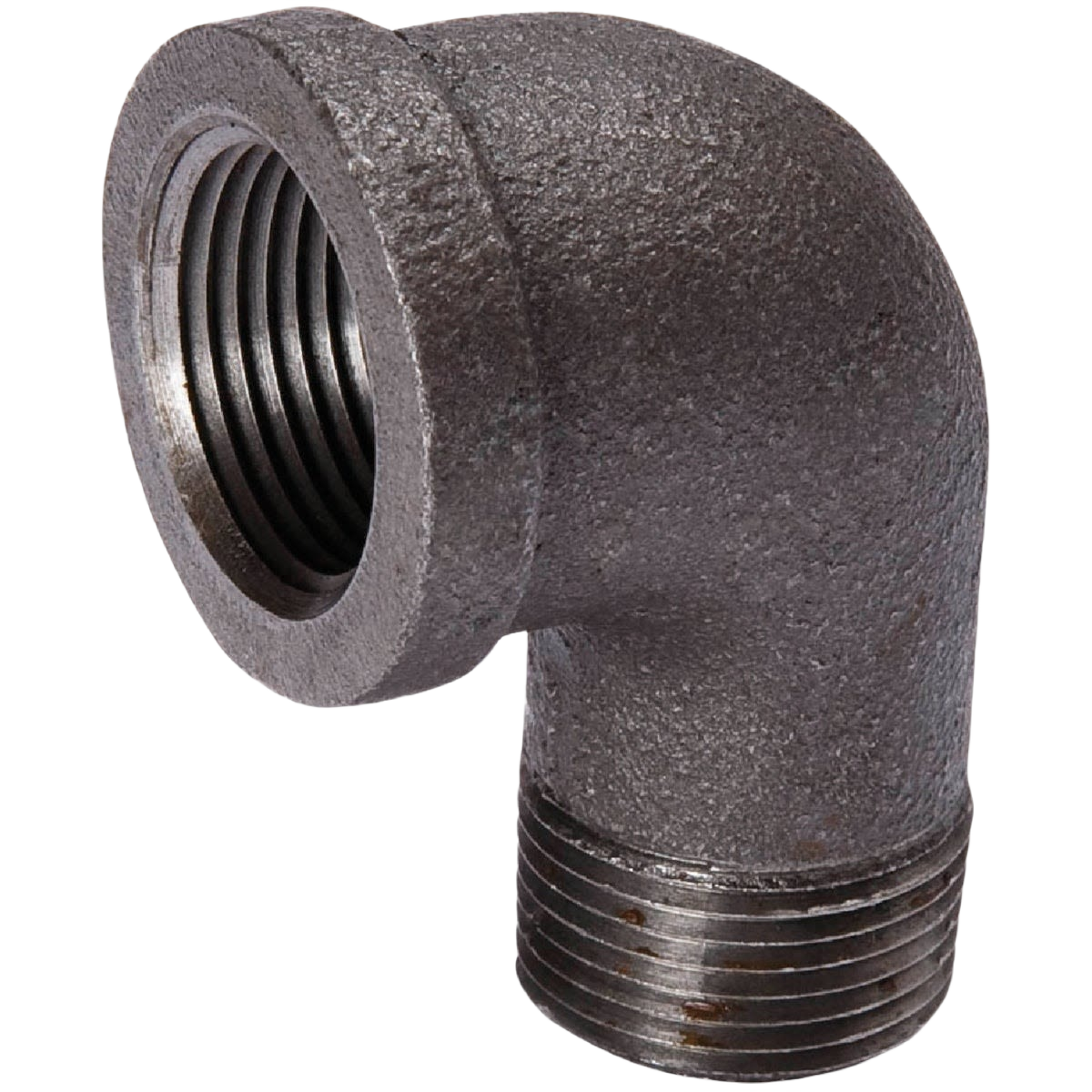 Black malleable iron 90-degree reducing elbow fitting with threaded ends for plumbing in Pipes & Fittings collection