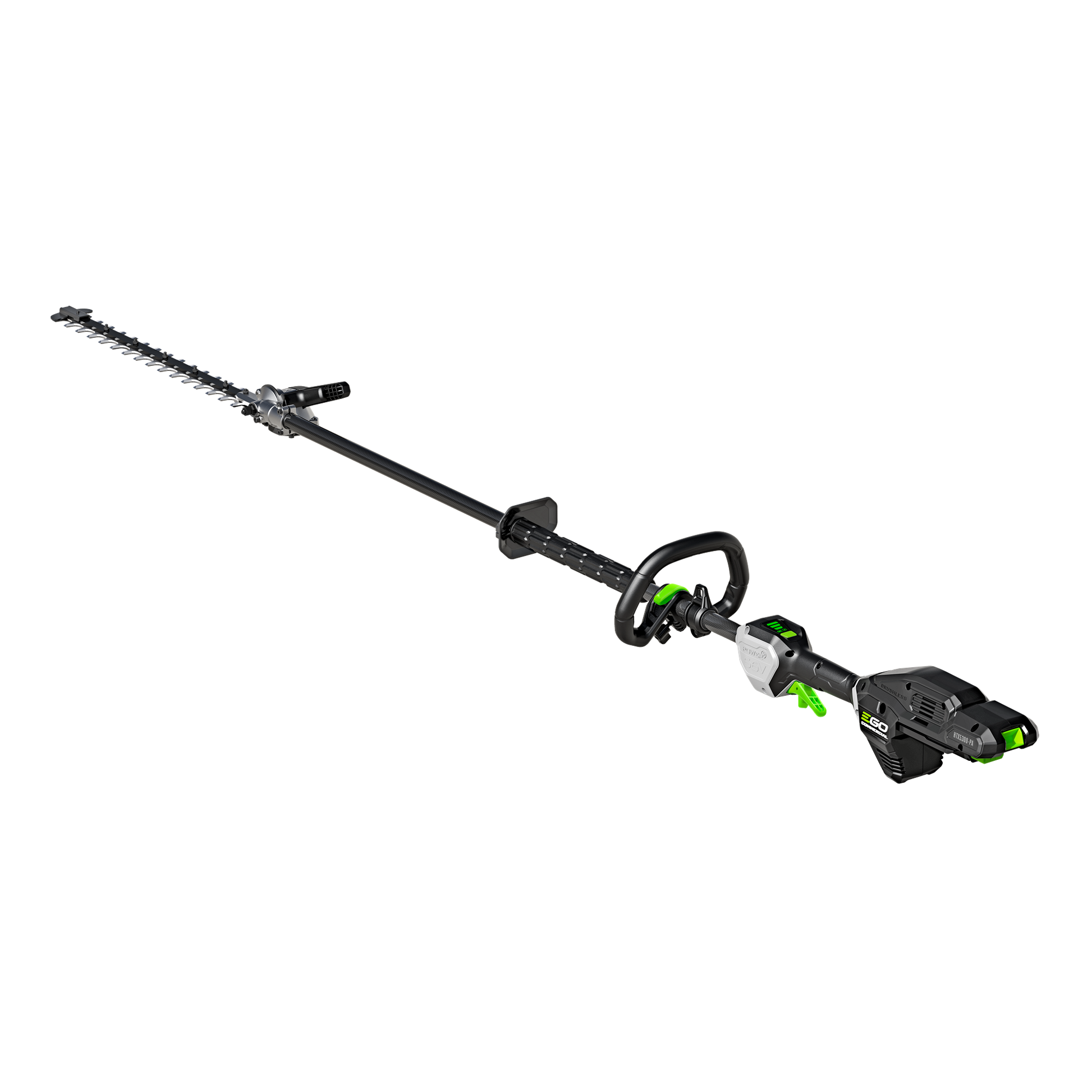 Commercial-grade articulating pole hedge trimmer with ergonomic handle and extended reach for garden tools and home improvement