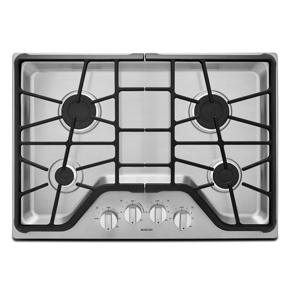 Stainless steel 30-inch gas cooktop with four burners, heavy-duty cast iron grates, and front control knobs, suitable for Cooktops and Kitchen & Kitchenware collections.