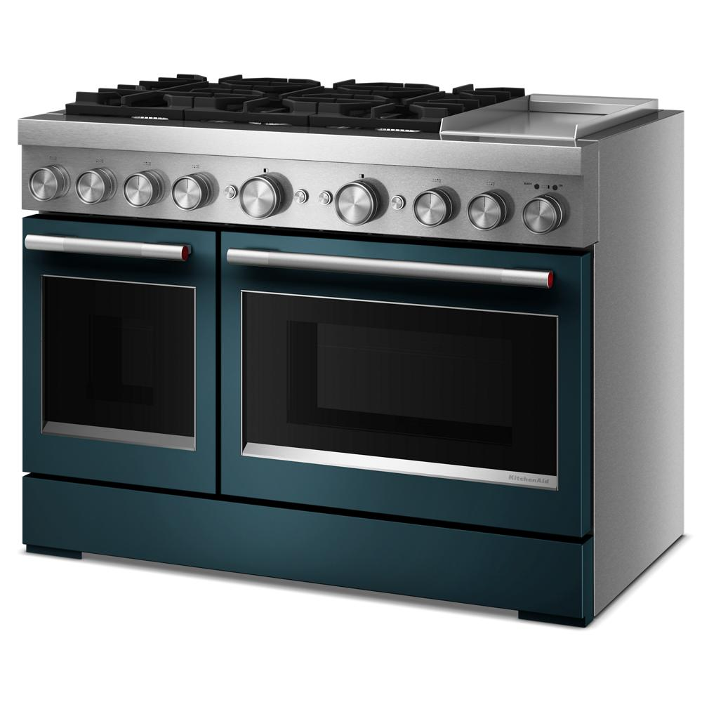 48-inch dual oven range with six burners and built-in griddle in blue and stainless steel from KitchenAid collection