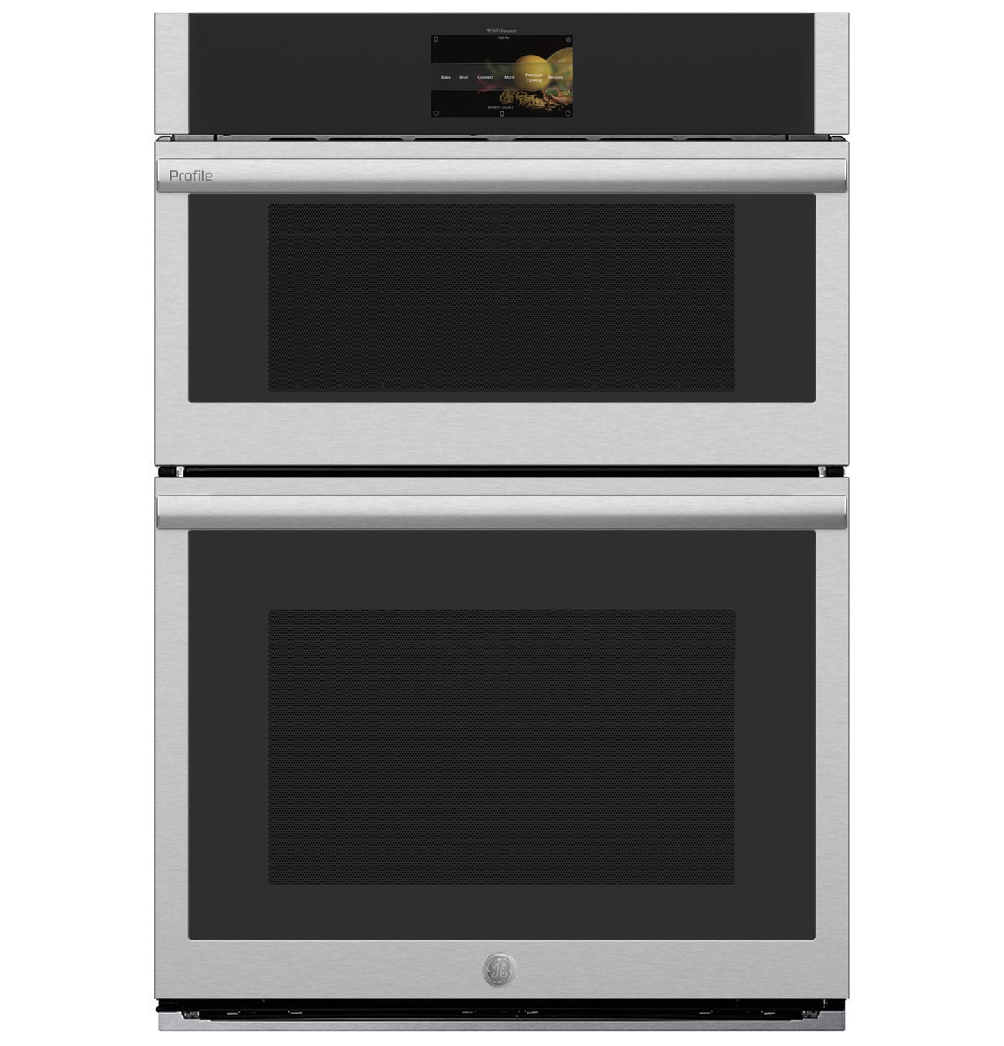 Front view of stainless steel combination double wall oven with digital touchscreen and convection features in appliances collection