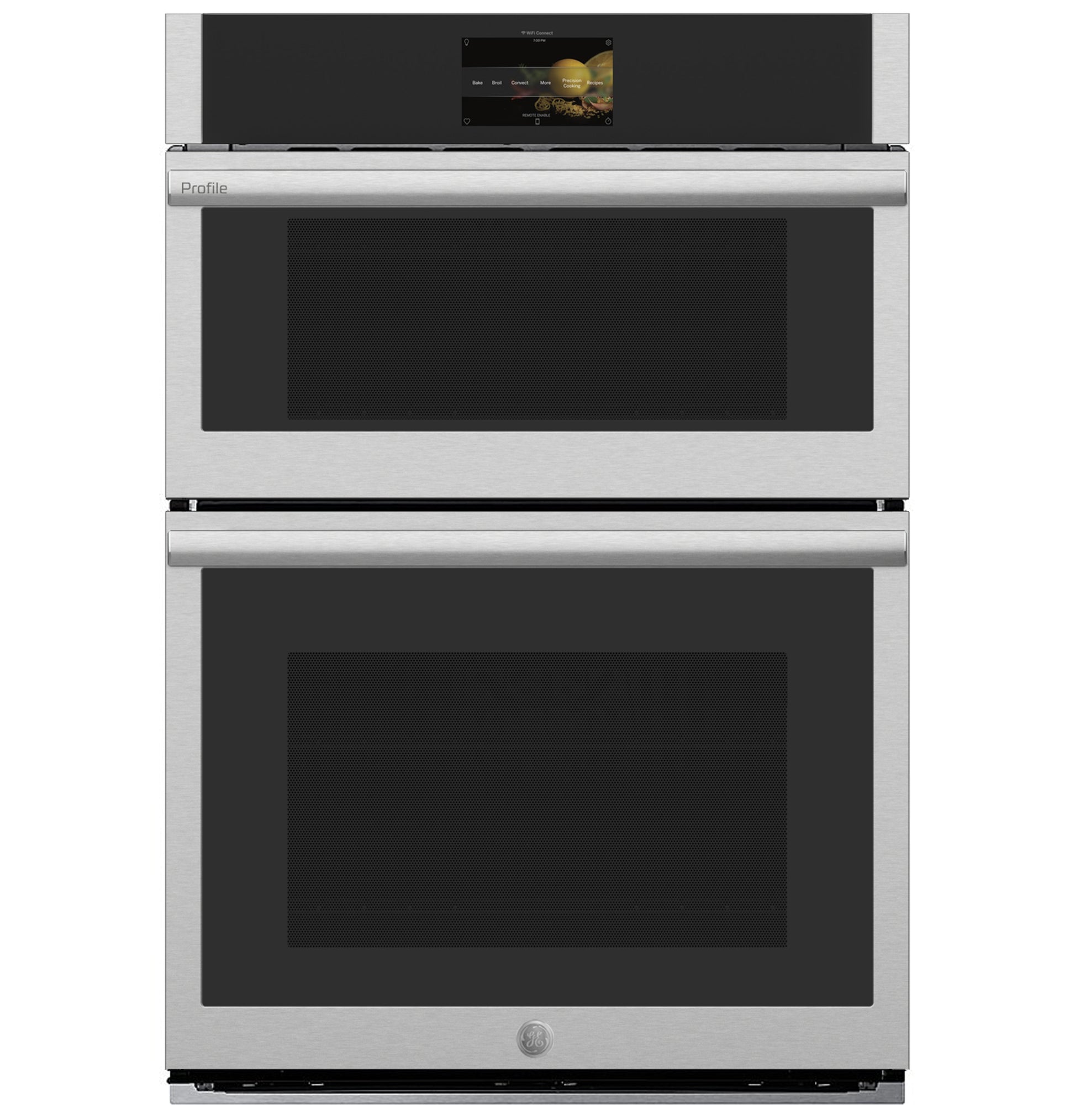 Front view of stainless steel combination double wall oven with digital touchscreen and convection features in appliances collection